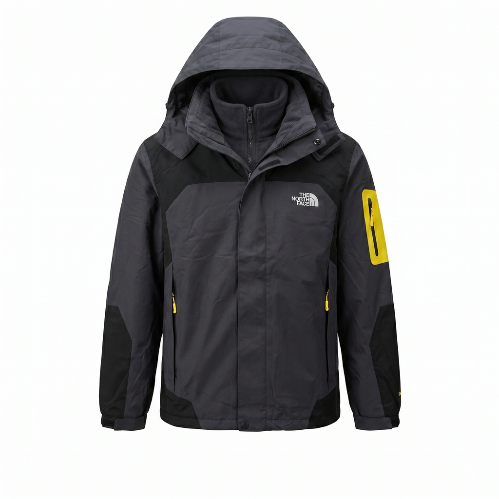 Chaqueta Doble Prenda Gris Negra Cremallera amarilla