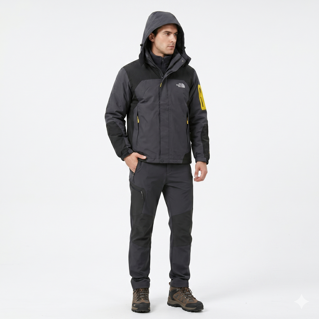 Chaqueta Doble Prenda Gris Negra Cremallera amarilla