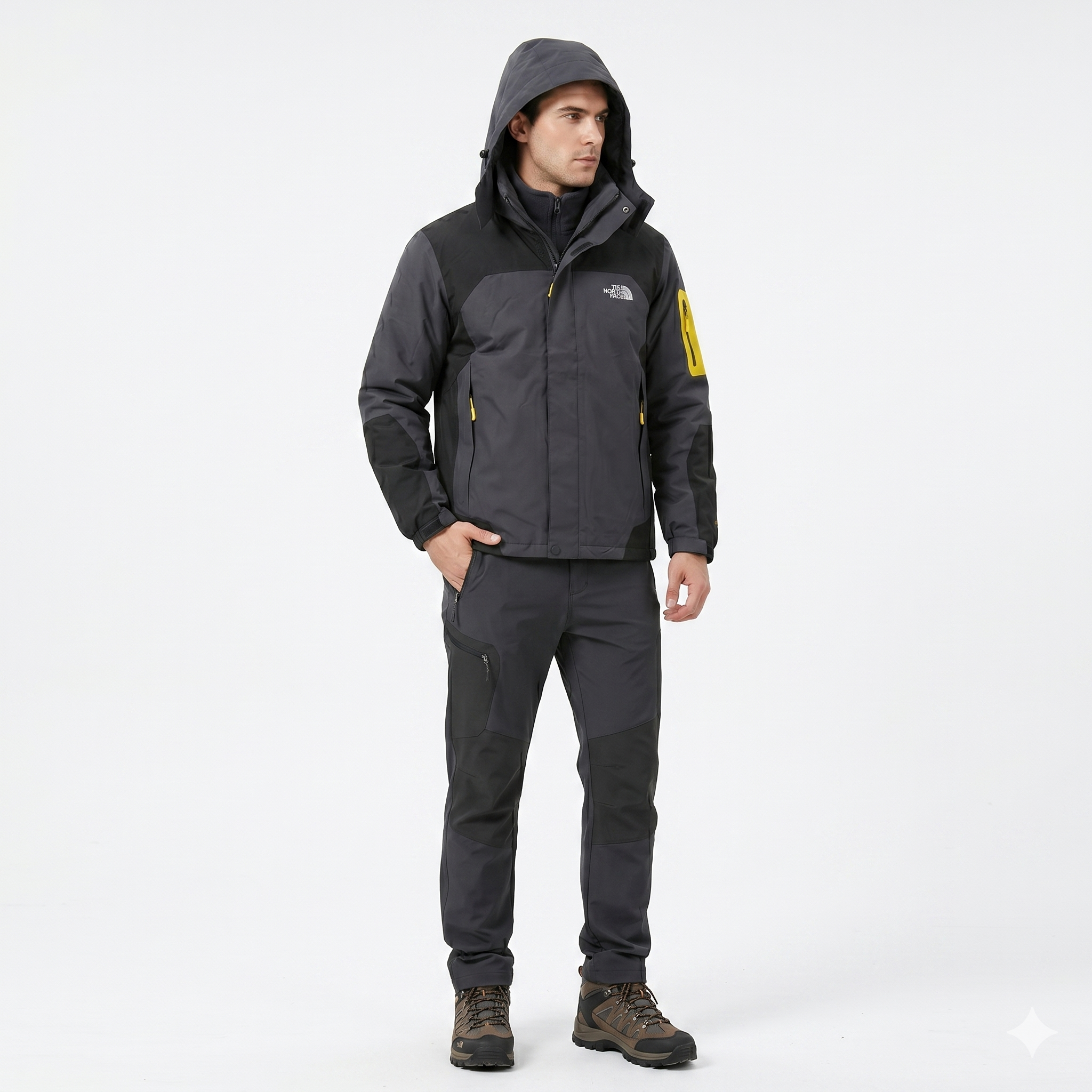 Chaqueta Doble Prenda Gris Negra Cremallera amarilla