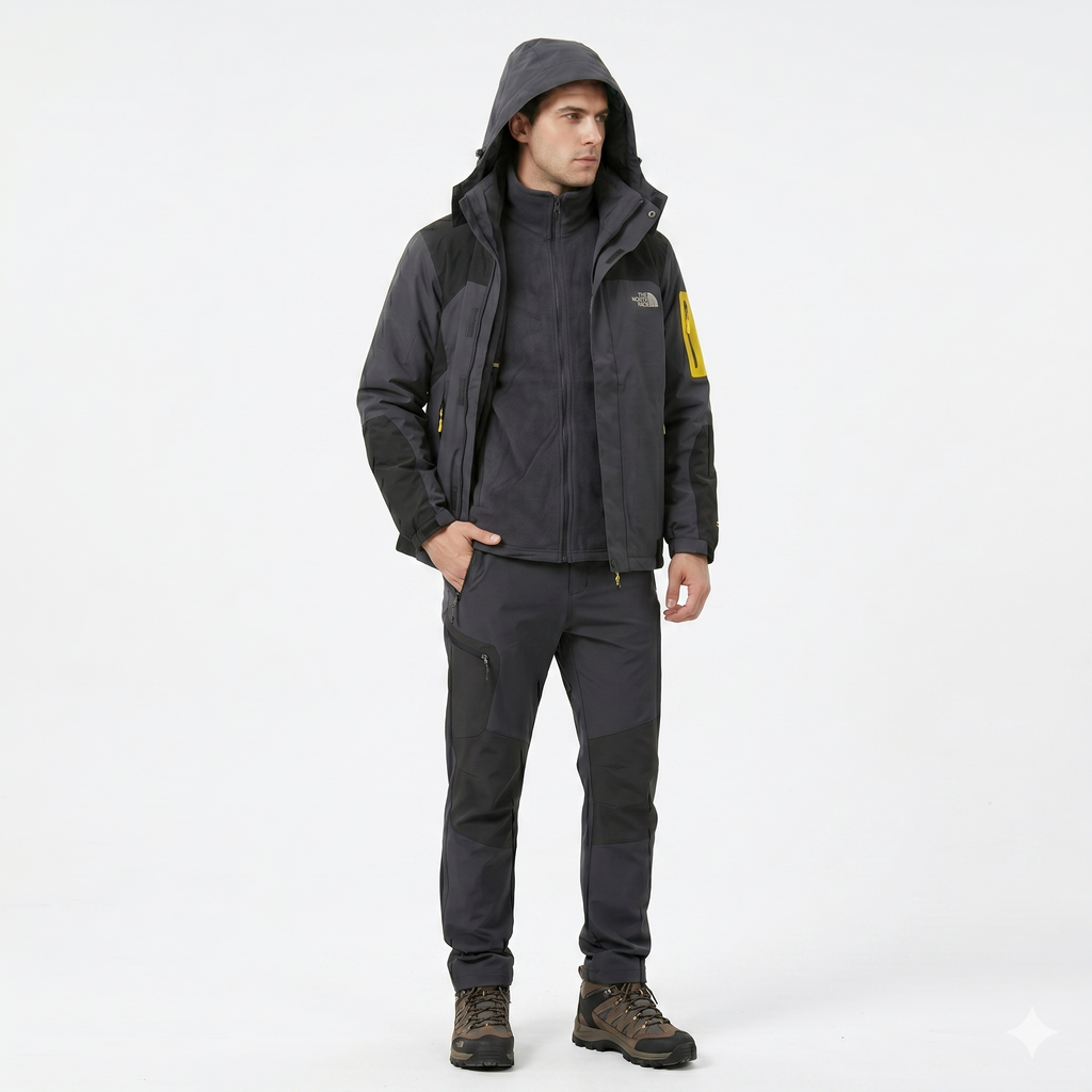 Chaqueta Doble Prenda Gris Negra Cremallera amarilla