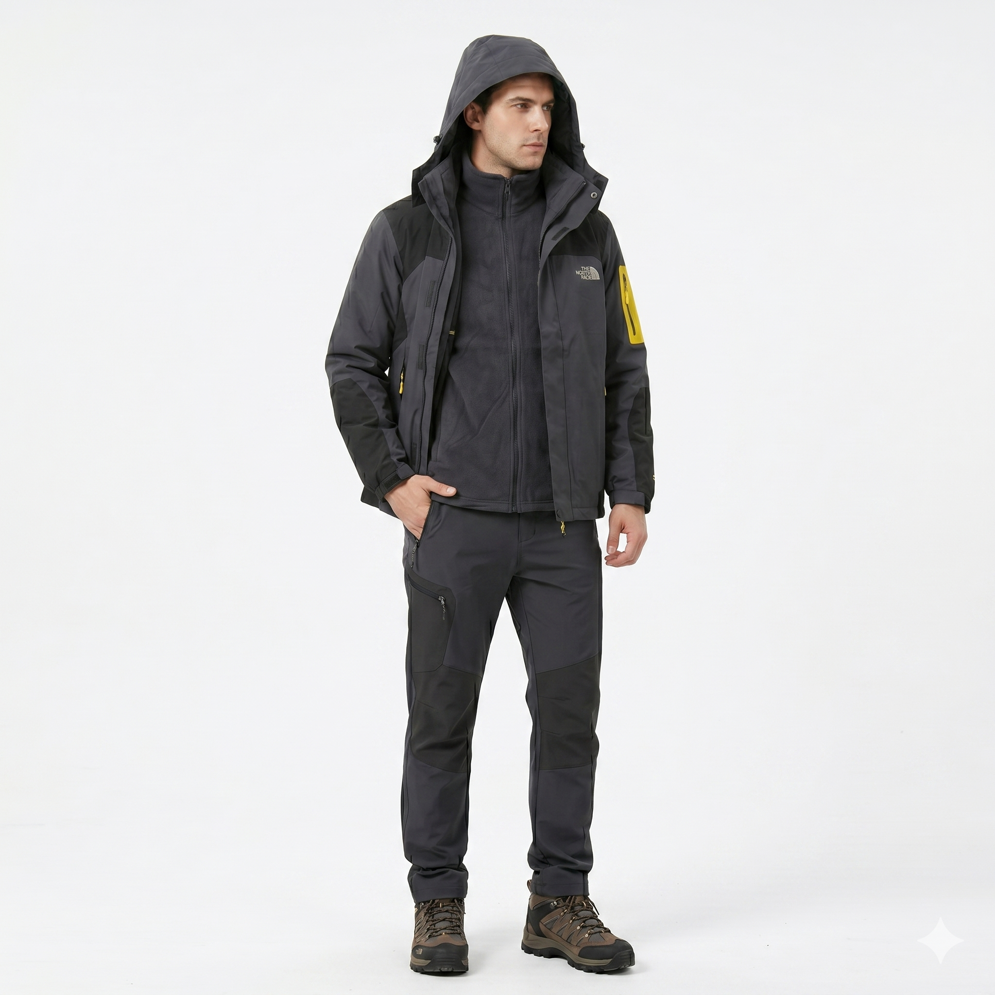 Chaqueta Doble Prenda Gris Negra Cremallera amarilla